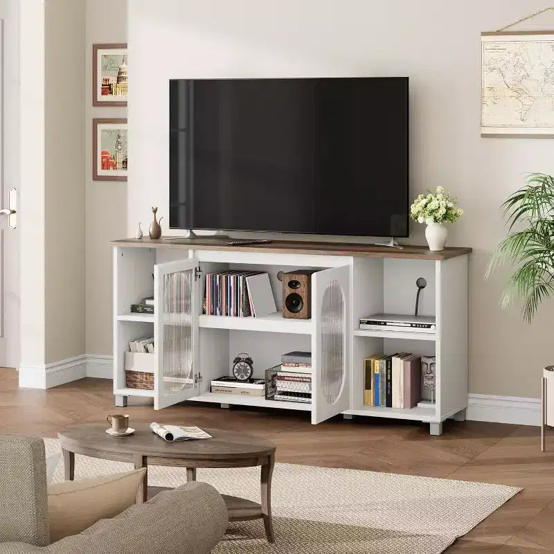 Meuble TV rustique de 70 po - centre de divertissement avec portes d’armoire en verre cannelé et étagères ouvertes, meuble multimédia pour le salon (blanc et brun foncé)