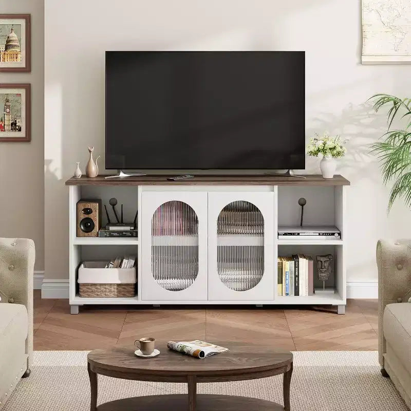 Meuble TV rustique de 70 po - centre de divertissement avec portes d’armoire en verre cannelé et étagères ouvertes, meuble multimédia pour le salon (blanc et brun foncé)