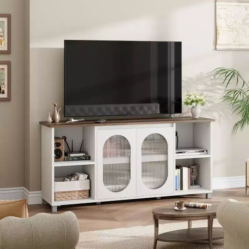 177,8 cm rustikaler TV-Ständer - Entertainment-Center mit geriffelten Glastüren und offenen Regalen, Medienkonsole fürs Wohnzimmer (Weiß und Dunkelbraun)
