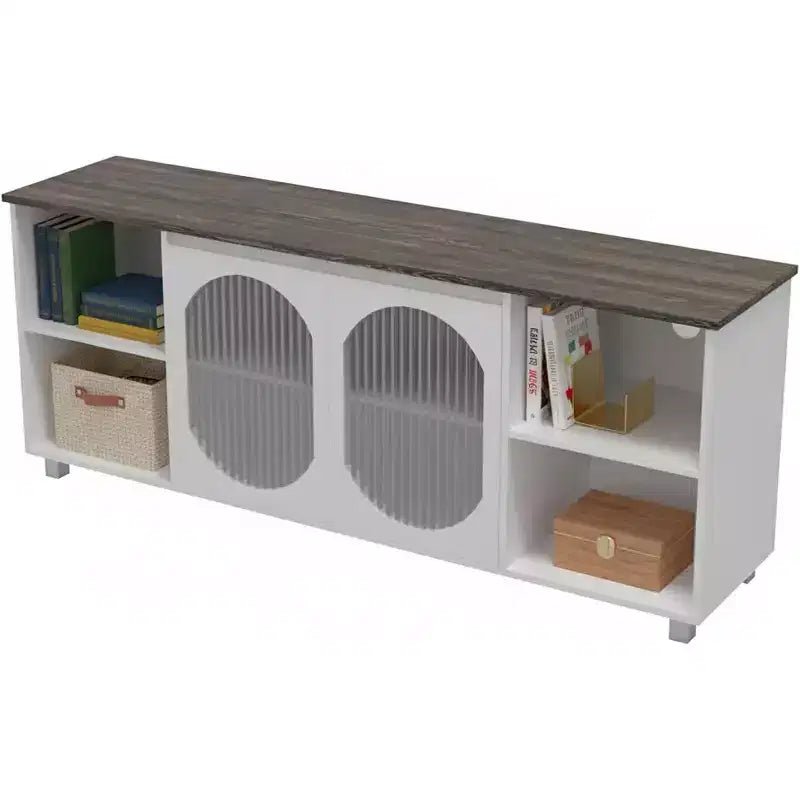 177,8 cm rustikaler TV-Ständer - Entertainment-Center mit geriffelten Glastüren und offenen Regalen, Medienkonsole fürs Wohnzimmer (Weiß und Dunkelbraun)