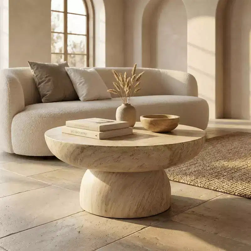 Runder Couchtisch, Akzenttisch mit Fiberstone-Sockel für den Innen- oder Außenbereich, skulpturales Design mit rutschfesten Fußgleitern