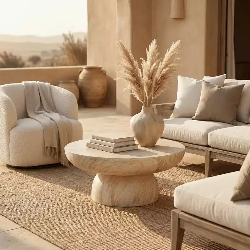 Table basse ronde avec piédestal en fibre de pierre, pour l’intérieur ou l’extérieur, design sculpté avec patins antidérapants