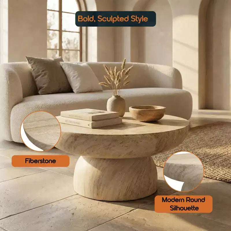 Runder Couchtisch, Akzenttisch mit Fiberstone-Sockel für den Innen- oder Außenbereich, skulpturales Design mit rutschfesten Fußgleitern