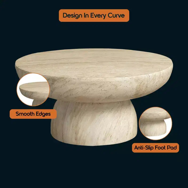 Table basse ronde avec piédestal en fibre de pierre, pour l’intérieur ou l’extérieur, design sculpté avec patins antidérapants