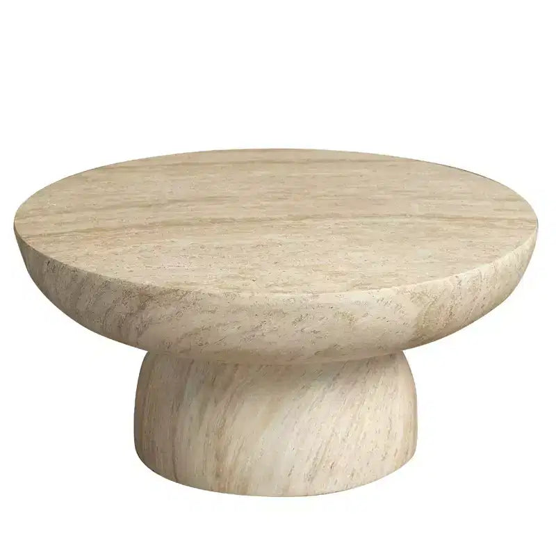 Runder Couchtisch, Akzenttisch mit Fiberstone-Sockel für den Innen- oder Außenbereich, skulpturales Design mit rutschfesten Fußgleitern