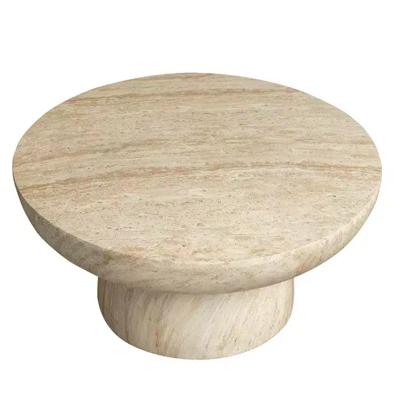 Runder Couchtisch, Akzenttisch mit Fiberstone-Sockel für den Innen- oder Außenbereich, skulpturales Design mit rutschfesten Fußgleitern
