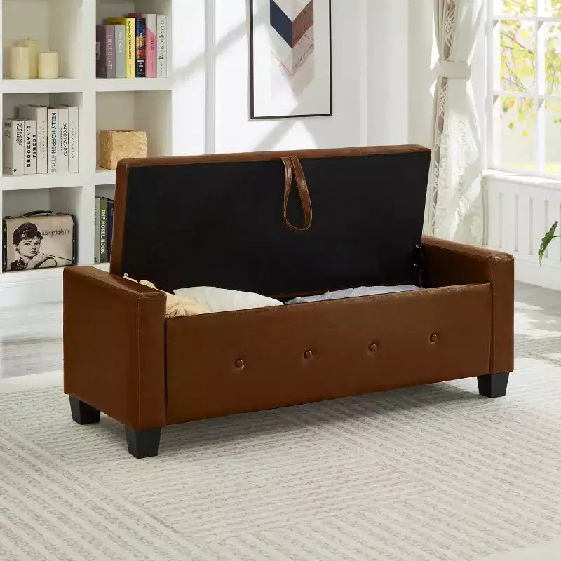 Banc de rangement moderne de 48 po en similicuir PU avec couvercle rabattable, pour le salon, la chambre ou l’entrée