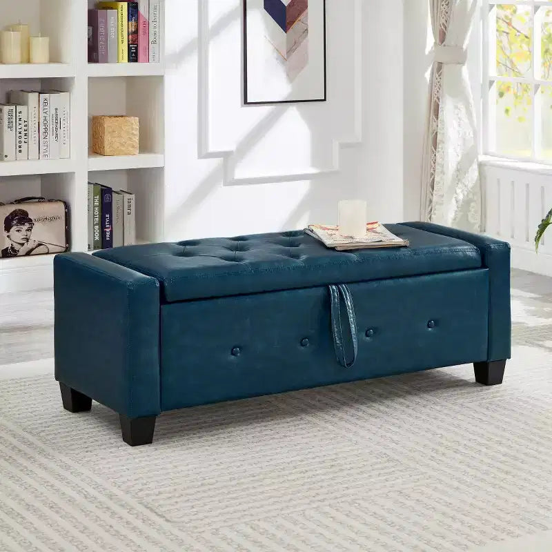 Banc de rangement moderne de 48 po en similicuir PU avec couvercle rabattable, pour le salon, la chambre ou l’entrée