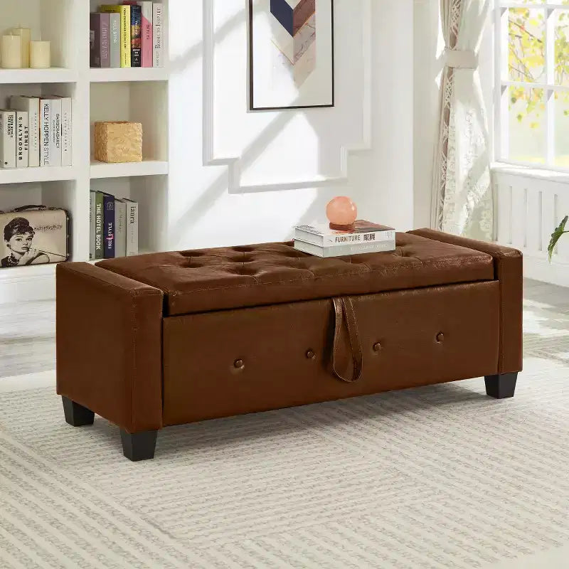 Banc de rangement moderne de 48 po en similicuir PU avec couvercle rabattable, pour le salon, la chambre ou l’entrée