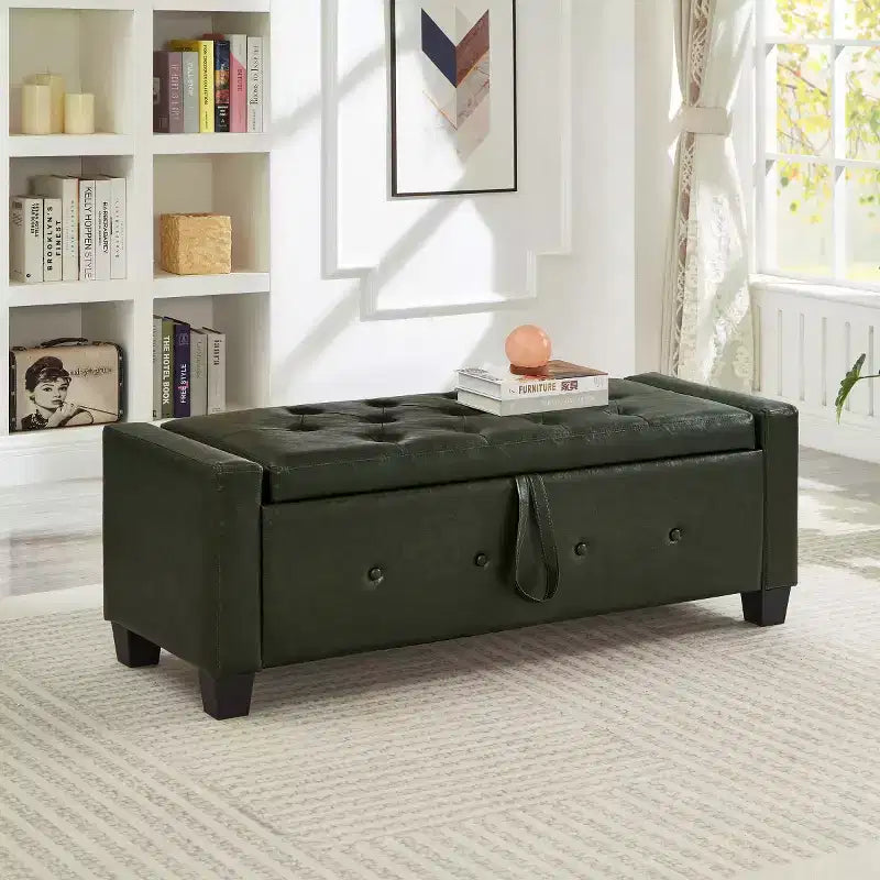 Banc de rangement moderne de 48 po en similicuir PU avec couvercle rabattable, pour le salon, la chambre ou l’entrée
