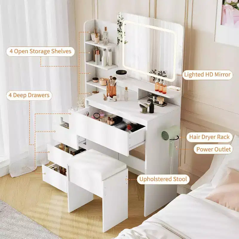 Tocador moderno con espejo LED e iluminación ajustable, mesa de maquillaje de 36 pulgadas con 4 cajones, estantes de almacenamiento, tomacorriente y puertos USB, para dormitorio