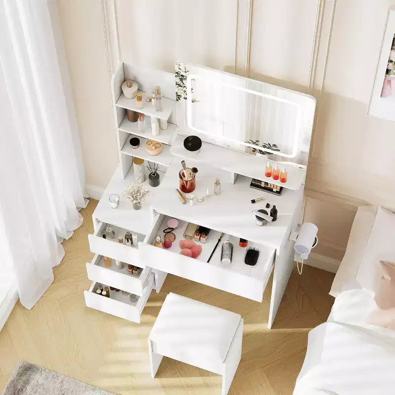 Tocador moderno con espejo LED e iluminación ajustable, mesa de maquillaje de 36 pulgadas con 4 cajones, estantes de almacenamiento, tomacorriente y puertos USB, para dormitorio