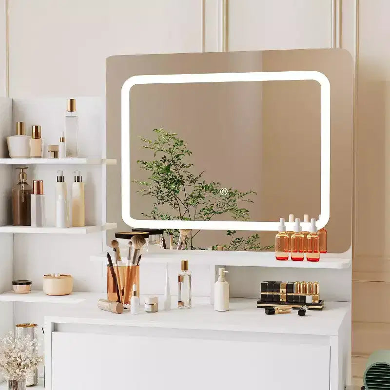 Tocador moderno con espejo LED e iluminación ajustable, mesa de maquillaje de 36 pulgadas con 4 cajones, estantes de almacenamiento, tomacorriente y puertos USB, para dormitorio
