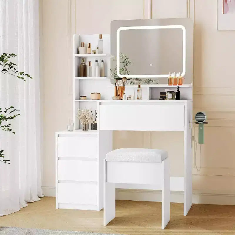 Tocador moderno con espejo LED e iluminación ajustable, mesa de maquillaje de 36 pulgadas con 4 cajones, estantes de almacenamiento, tomacorriente y puertos USB, para dormitorio