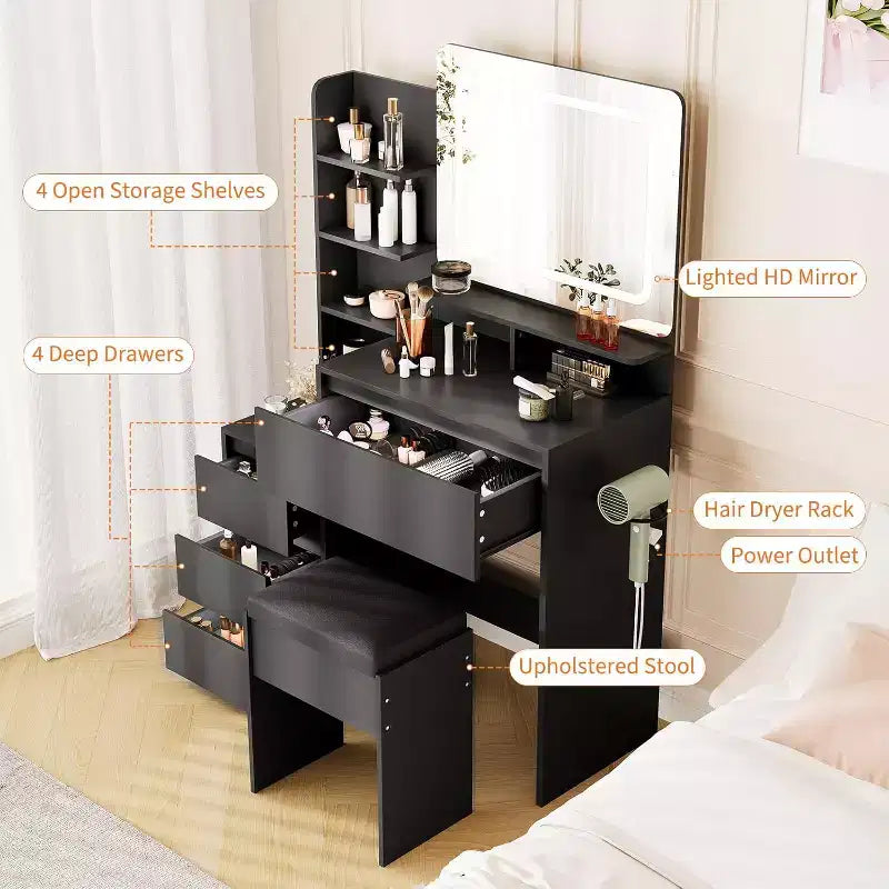 Tocador moderno con espejo LED e iluminación ajustable, mesa de maquillaje de 36 pulgadas con 4 cajones, estantes de almacenamiento, tomacorriente y puertos USB, para dormitorio