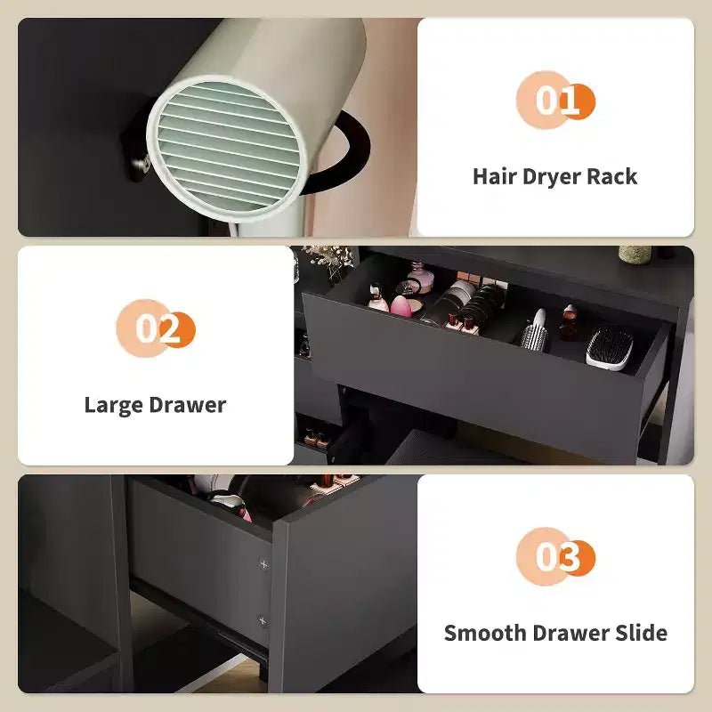 Tocador moderno con espejo LED e iluminación ajustable, mesa de maquillaje de 36 pulgadas con 4 cajones, estantes de almacenamiento, tomacorriente y puertos USB, para dormitorio