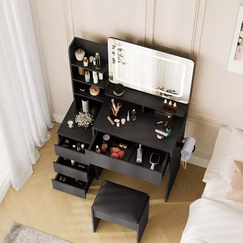 Tocador moderno con espejo LED e iluminación ajustable, mesa de maquillaje de 36 pulgadas con 4 cajones, estantes de almacenamiento, tomacorriente y puertos USB, para dormitorio