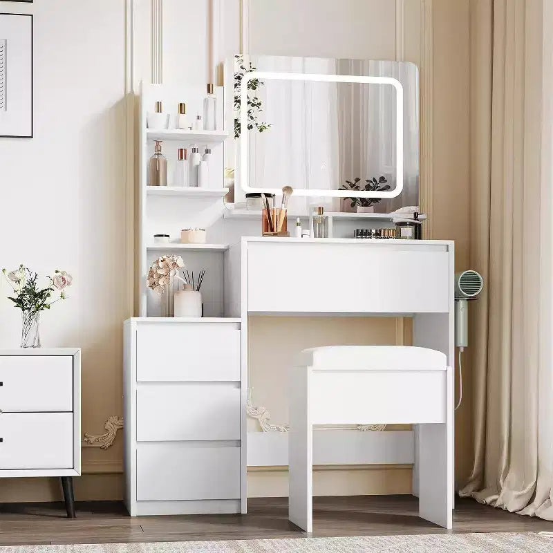 Coiffeuse moderne avec miroir à DEL et éclairage réglable, table de maquillage de 36 po avec 4 tiroirs, étagères de rangement, prise de courant et ports USB, pour la chambre