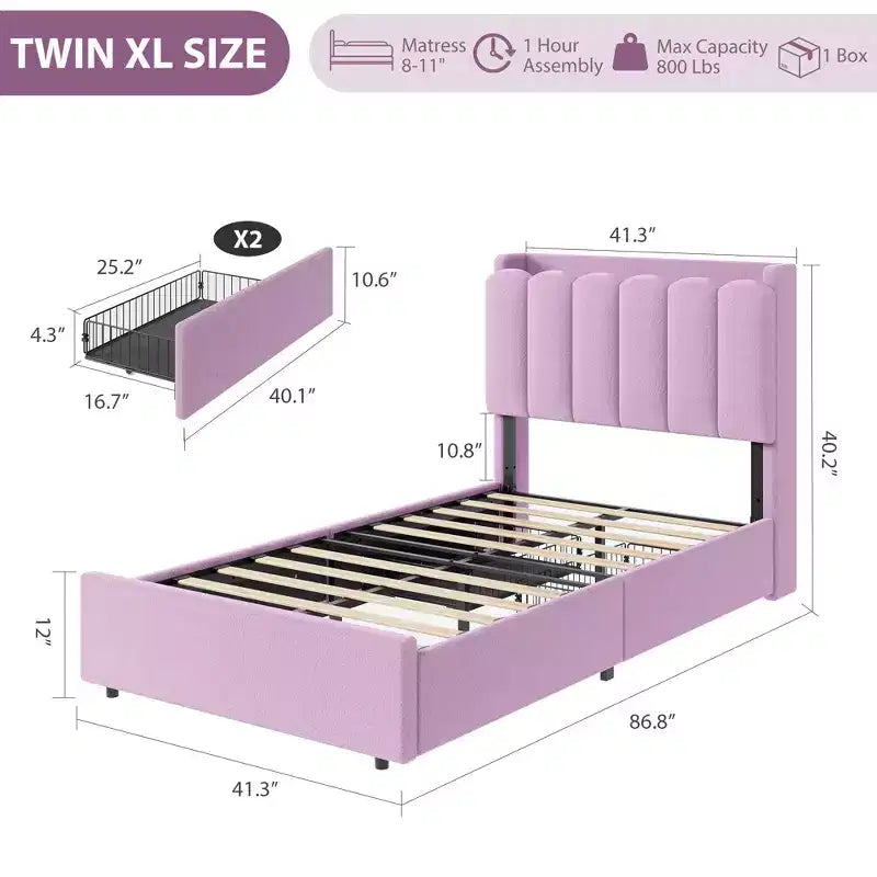 Estructura de cama con plataforma tapizada, cabecero con almacenamiento y cajones, sólidas láminas de madera, estructura metálica silenciosa y resistente, fácil de montar,