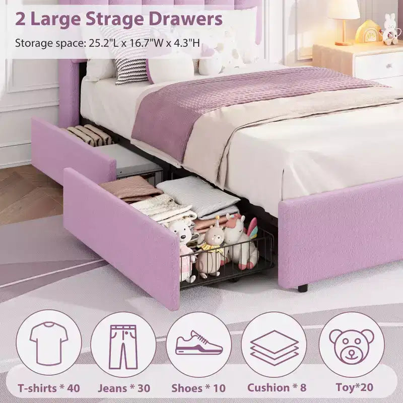 Estructura de cama con plataforma tapizada, cabecero con almacenamiento y cajones, sólidas láminas de madera, estructura metálica silenciosa y resistente, fácil de montar,