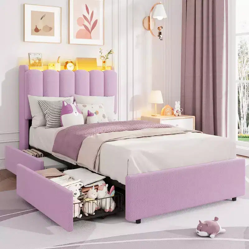 Estructura de cama con plataforma tapizada, cabecero con almacenamiento y cajones, sólidas láminas de madera, estructura metálica silenciosa y resistente, fácil de montar,