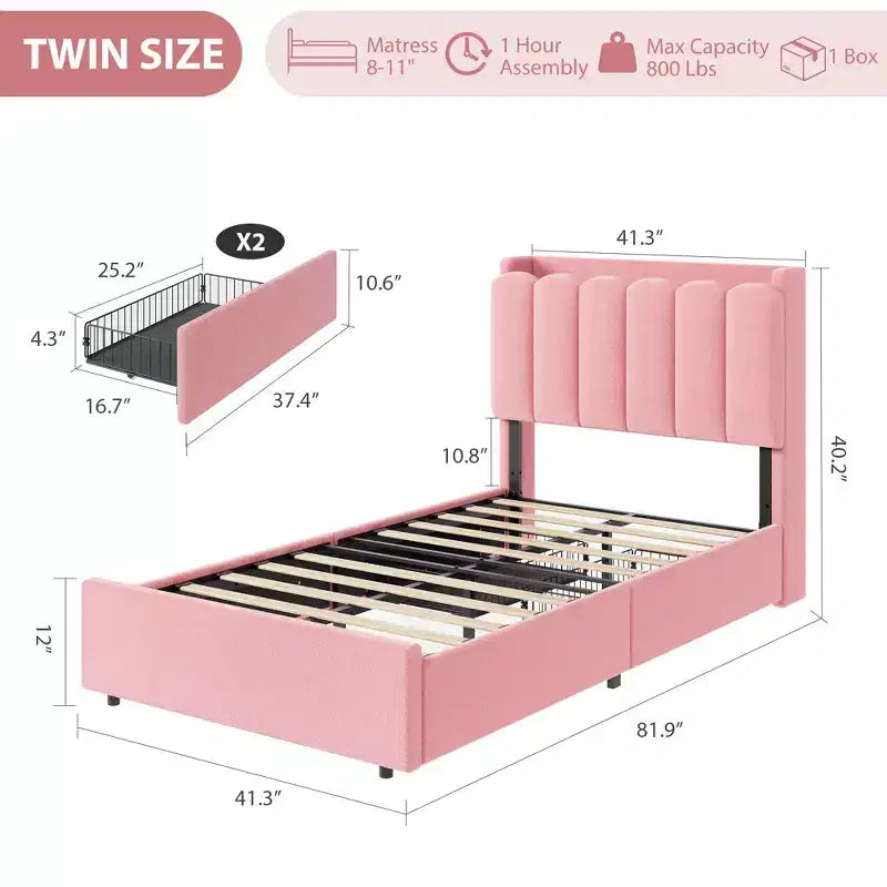 Estructura de cama con plataforma tapizada, cabecero con almacenamiento y cajones, sólidas láminas de madera, estructura metálica silenciosa y resistente, fácil de montar,