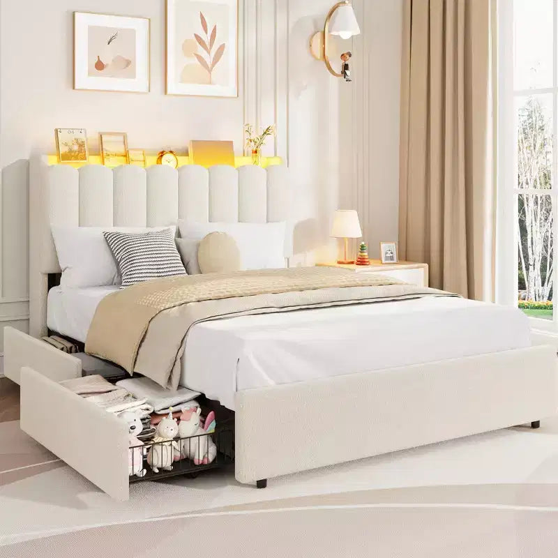 Estructura de cama con plataforma tapizada, cabecero con almacenamiento y cajones, sólidas láminas de madera, estructura metálica silenciosa y resistente, fácil de montar,
