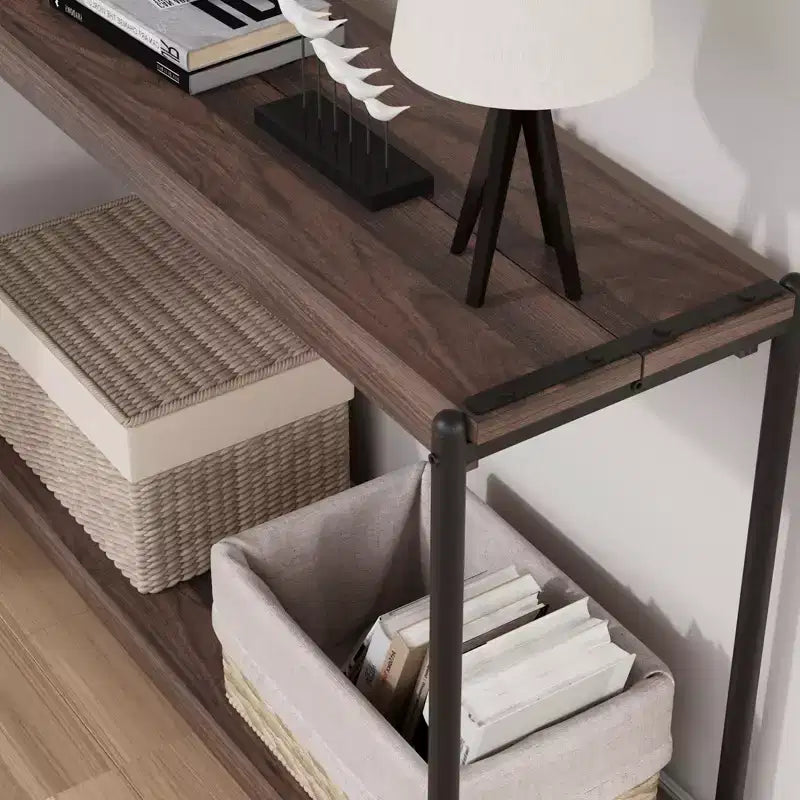 101,6 cm Konsolentisch im Landhausstil mit 2 Ablagen, grauer Tisch mit Lattenoptik für Sofa und Eingangsbereich