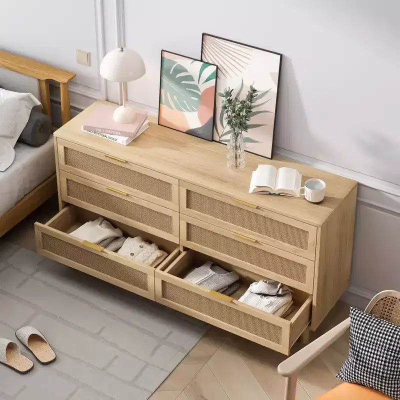 150 cm Rattan-Aufbewahrungsschrank mit 6 Schubladen und weißen Schubladenführungen, geeignet für Schlafzimmer, mit Stauraum, Natur