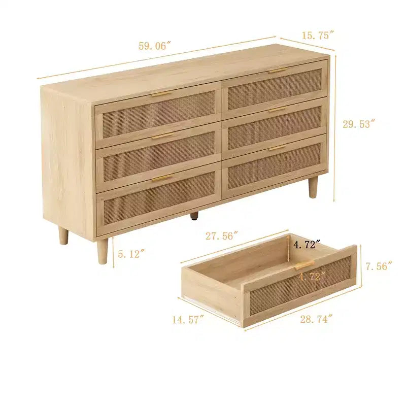 150 cm Rattan-Aufbewahrungsschrank mit 6 Schubladen und weißen Schubladenführungen, geeignet für Schlafzimmer, mit Stauraum, Natur