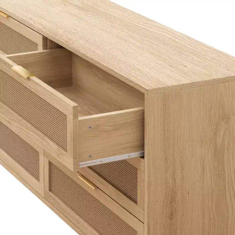 150 cm Rattan-Aufbewahrungsschrank mit 6 Schubladen und weißen Schubladenführungen, geeignet für Schlafzimmer, mit Stauraum, Natur