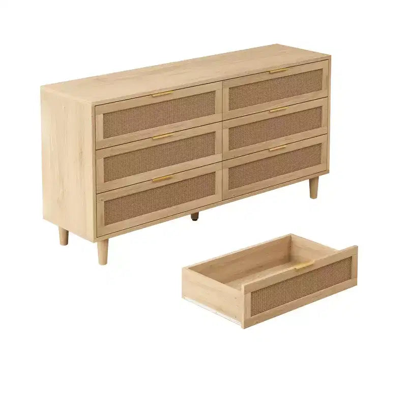 150 cm Rattan-Aufbewahrungsschrank mit 6 Schubladen und weißen Schubladenführungen, geeignet für Schlafzimmer, mit Stauraum, Natur