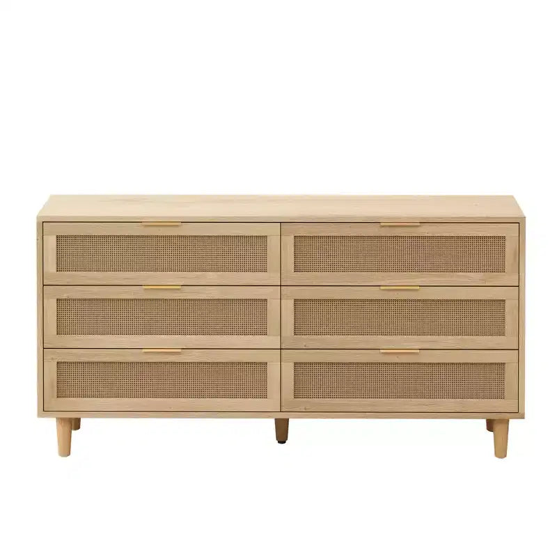 150 cm Rattan-Aufbewahrungsschrank mit 6 Schubladen und weißen Schubladenführungen, geeignet für Schlafzimmer, mit Stauraum, Natur