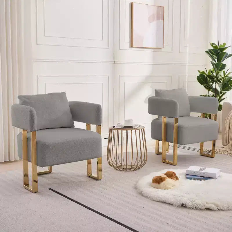 Ensemble de 2 fauteuils d’appoint modernes avec revêtement en polaire teddy et pieds en métal doré