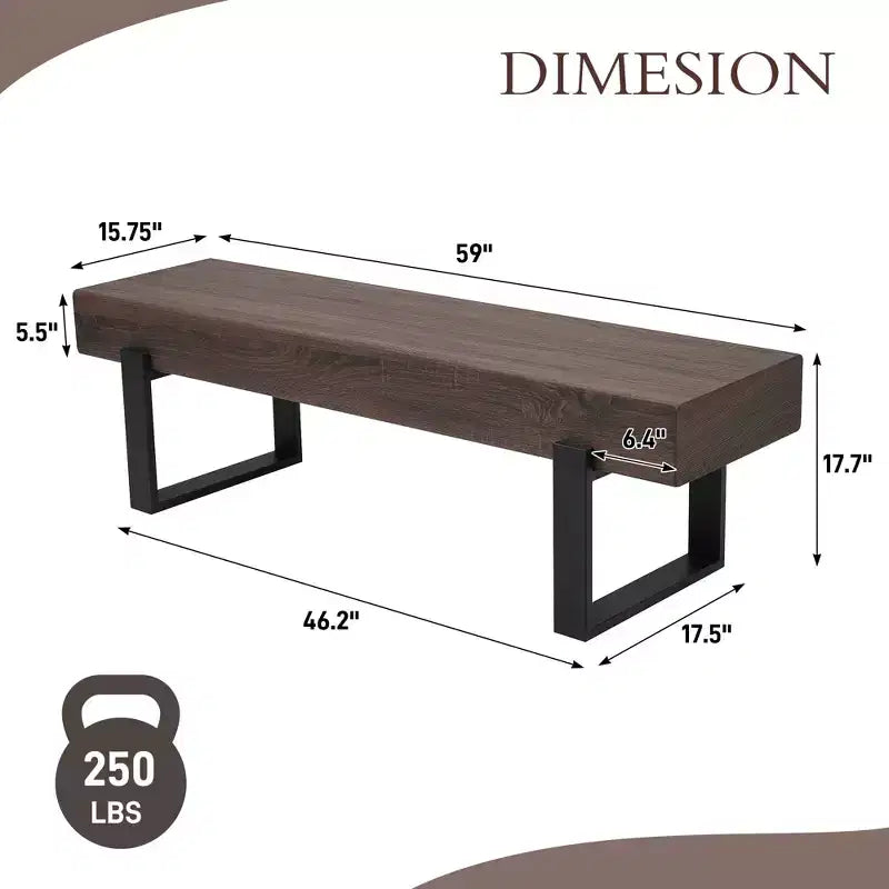 Banc de salle à manger de style campagnard de 59 po avec plateau en MDF et pieds en métal, polyvalent