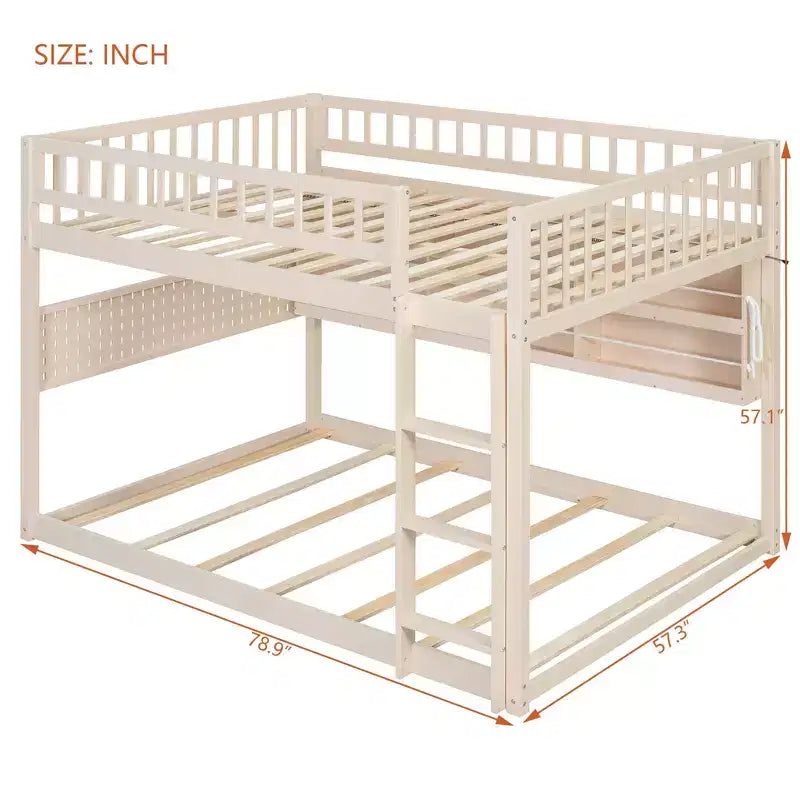 Litera moderna baja de cama doble sobre cama doble con almacenamiento, estantes iluminados y panel perforado