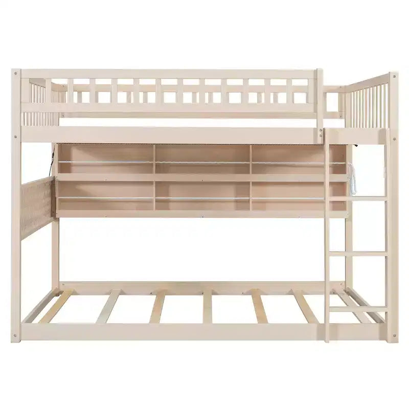 Litera moderna baja de cama doble sobre cama doble con almacenamiento, estantes iluminados y panel perforado