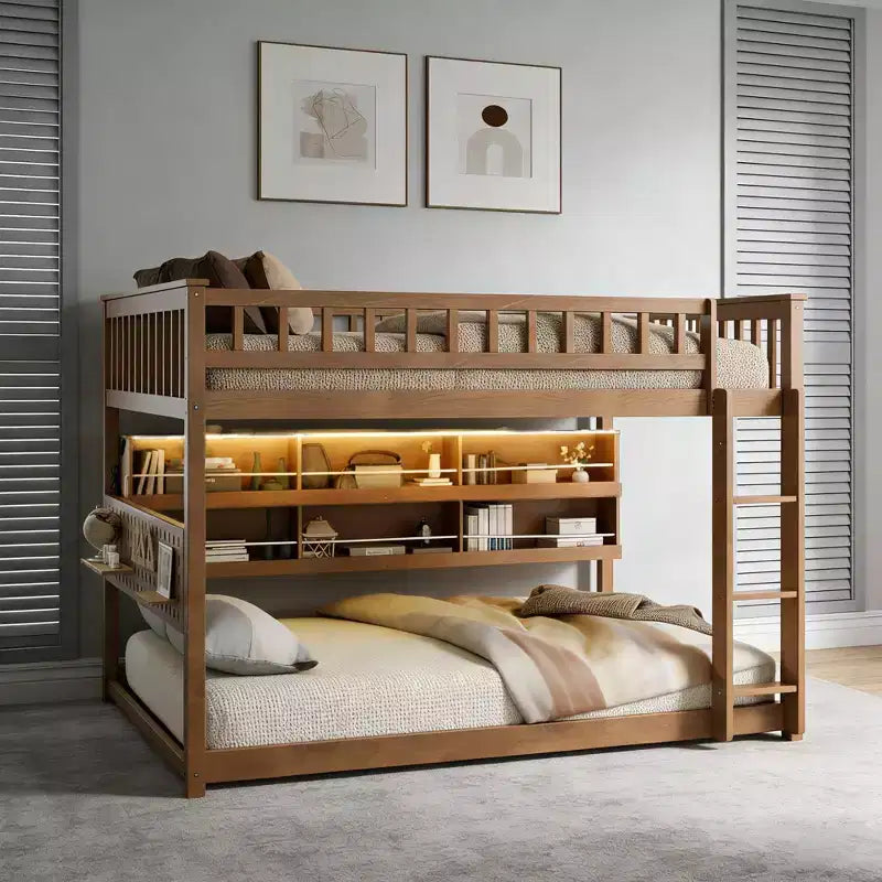 Litera moderna baja de cama doble sobre cama doble con almacenamiento, estantes iluminados y panel perforado