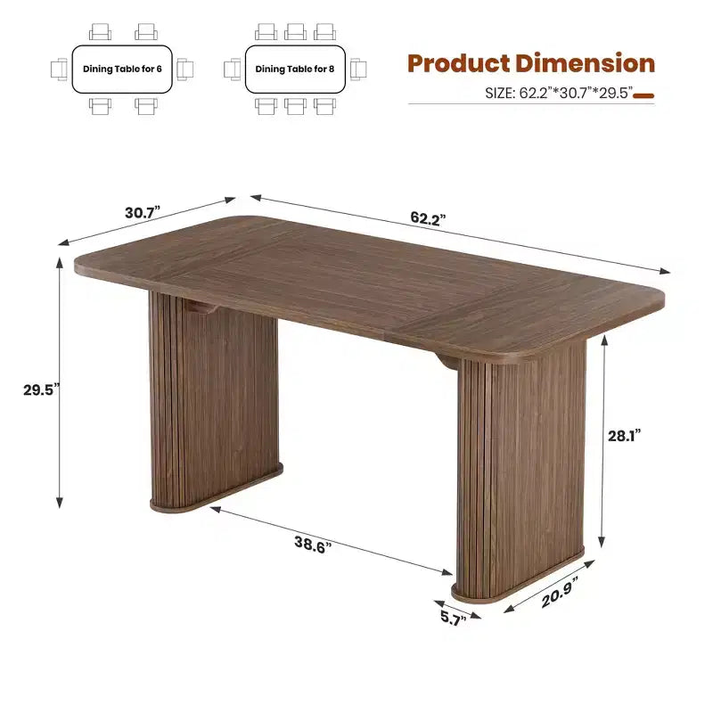 Mesa de comedor para 6-8 personas - Mesa de cocina moderna y larga de 62 con tablero grande y patas de pedestal resistentes, mesa de comedor rectangular