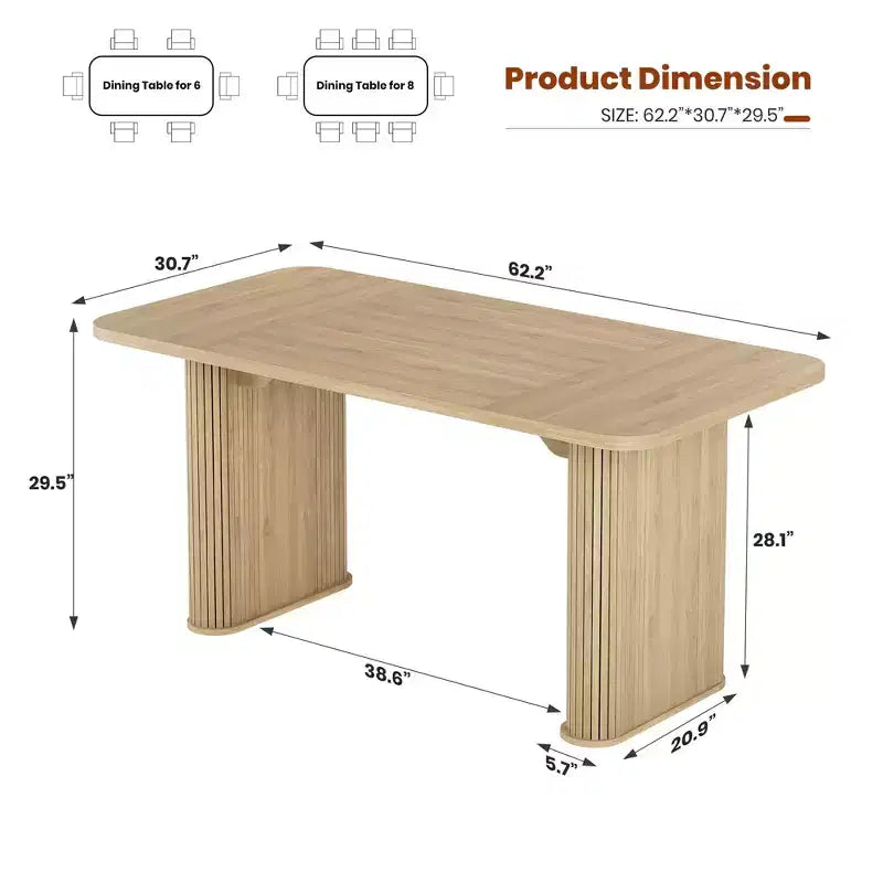Table à manger pour 6 à 8 personnes - longue table de cuisine moderne de 62 avec grand plateau et pieds à piédestal robustes, table rectangulaire