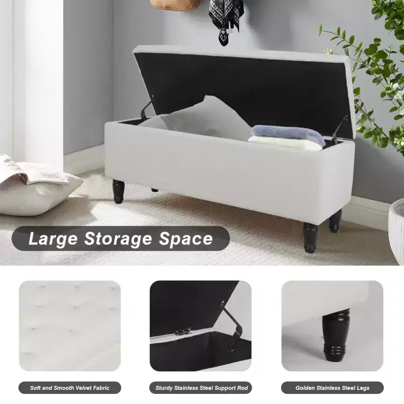 Banc coffre de rangement en velours capitonné de 47