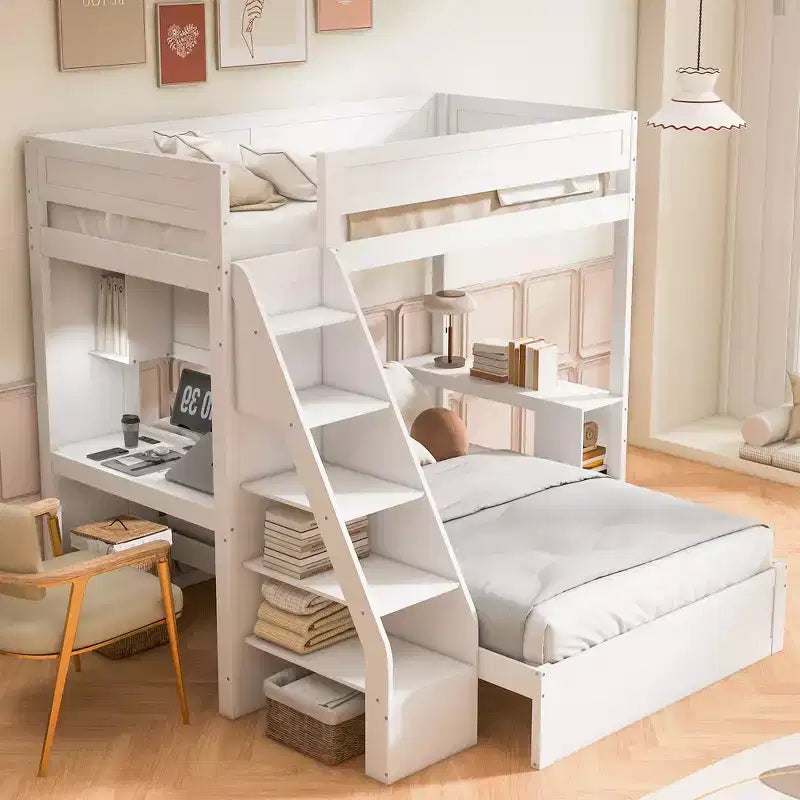 Cama XL sobre cama matrimonial con estructura, escritorio y USB