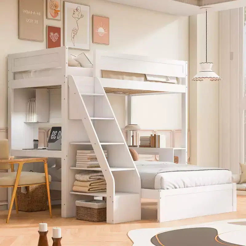 Cama XL sobre cama matrimonial con estructura, escritorio y USB