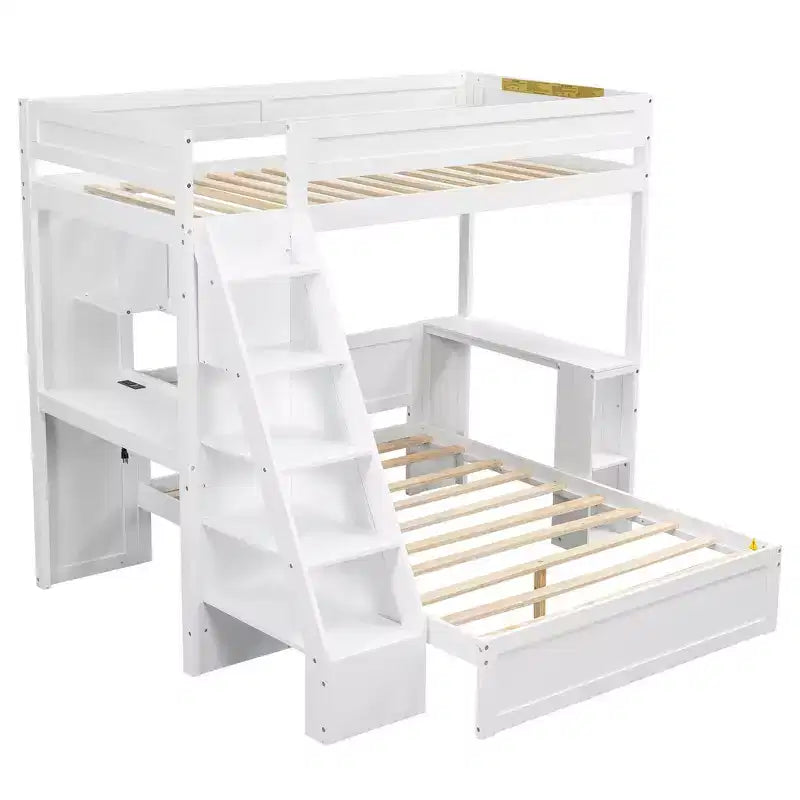 Cama XL sobre cama matrimonial con estructura, escritorio y USB
