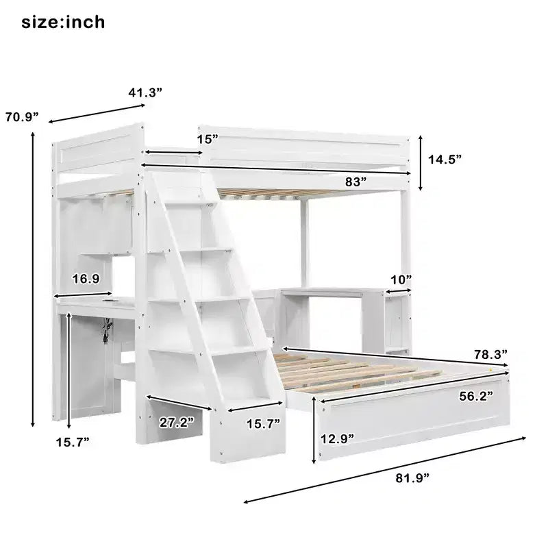 Cama XL sobre cama matrimonial con estructura, escritorio y USB