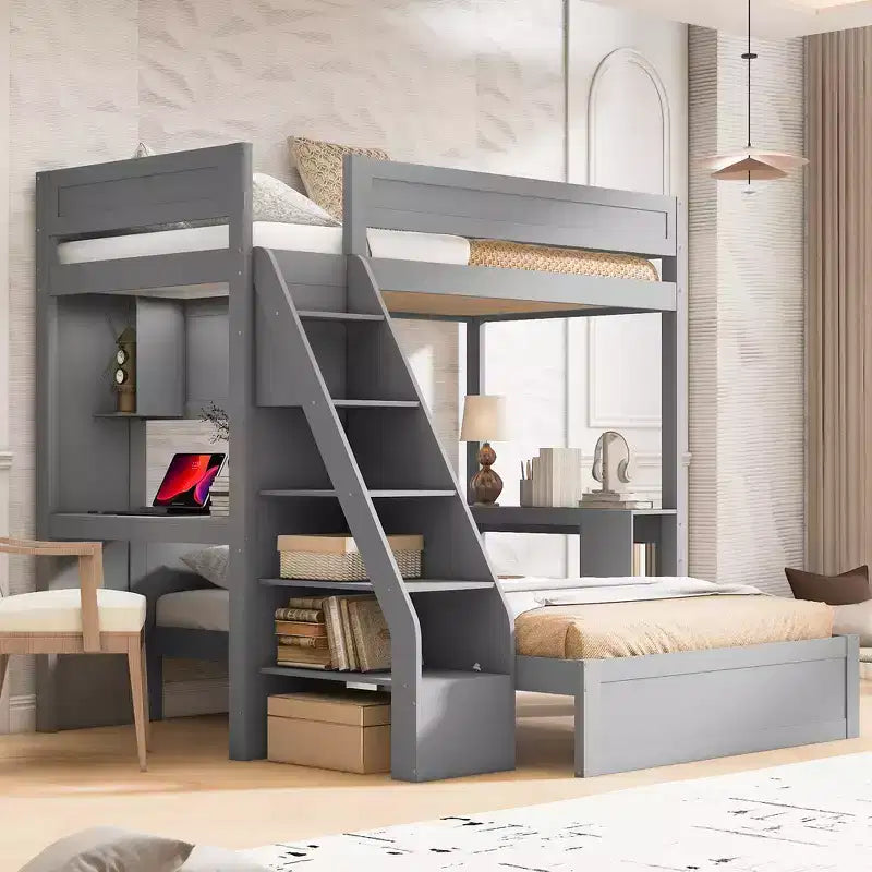 Cama XL sobre cama matrimonial con estructura, escritorio y USB