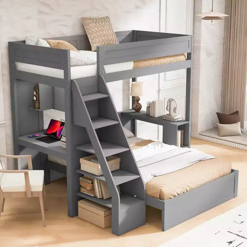 Lit XL superposé au-dessus d’un lit deux places et cadre de lit avec bureau et USB