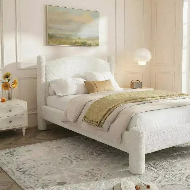 Estructura de cama tamaño king, estructura de cama de bouclé con cabecero, cama de plataforma tapizada suave con esquinas redondeadas, no requiere somier, fácil de montar