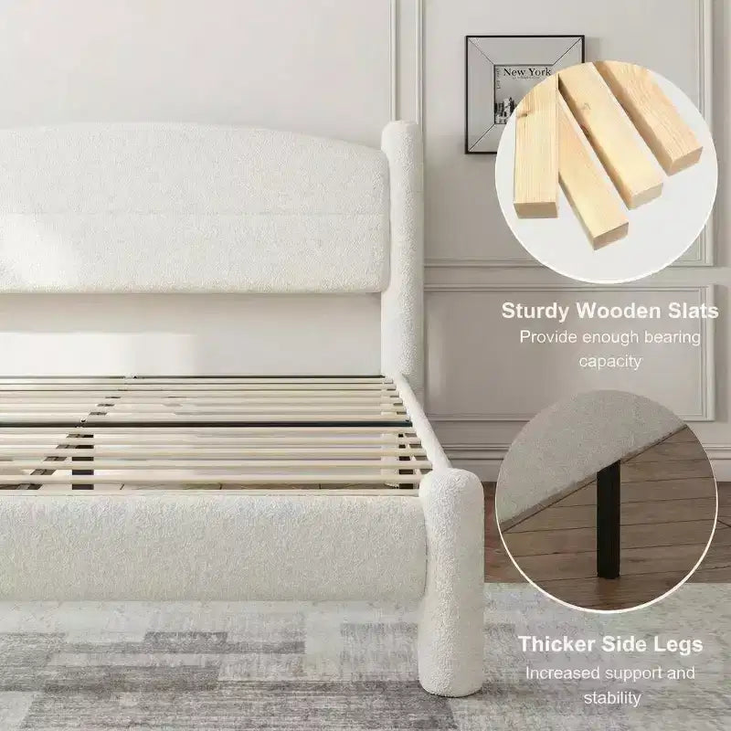 Estructura de cama tamaño king, estructura de cama de bouclé con cabecero, cama de plataforma tapizada suave con esquinas redondeadas, no requiere somier, fácil de montar