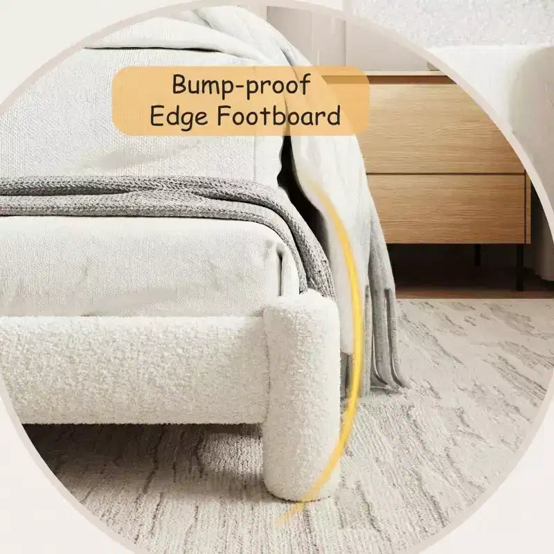 Bettgestell in Kingsize mit Kopfteil aus Bouclé, weich gepolstertes Plattformbettgestell mit abgerundeten Ecken, kein Boxspringbett erforderlich, einfacher Aufbau